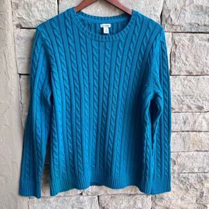 L.L. Bean Cable Knit Sweater XL Green Teal Turquoise Cotton Crew Pullover Preppy